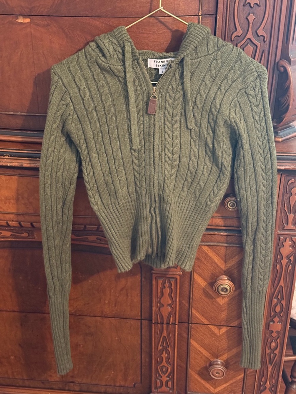 Frankie's Bikinis Olive Green Cable Knit Zip Hoodie